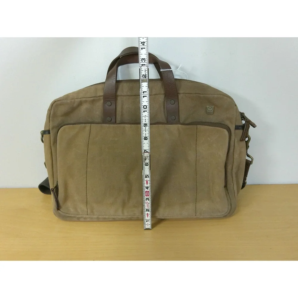Tumi T-Tech Waxed Canvas Messenger Bag Briefcase Khaki Brown Leather Trim